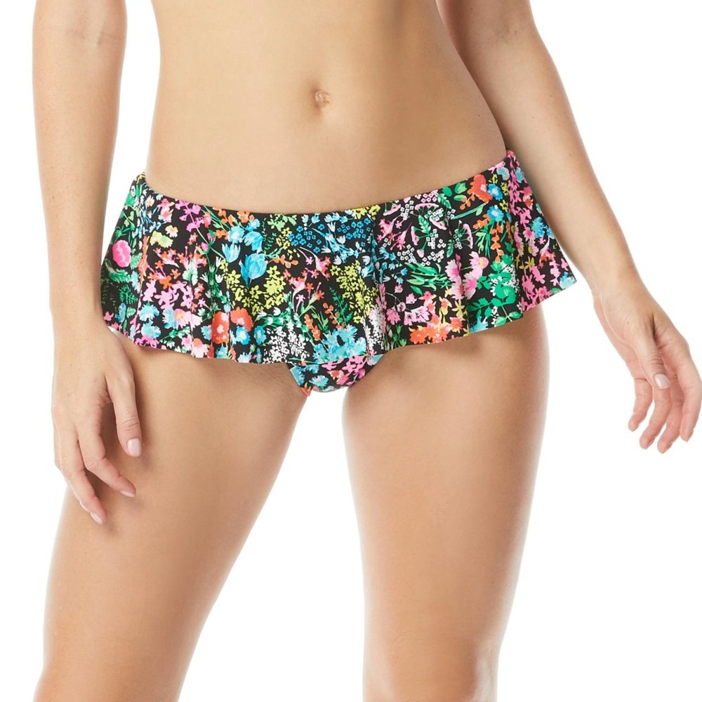 COCO RAVE NWT Ruffle Black Purple Pink Floral Print Bikini Swim BOTTOMS – Large